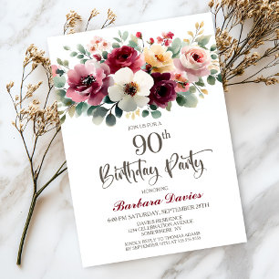 Burgundy Floral 90th Birthday Party Invitation