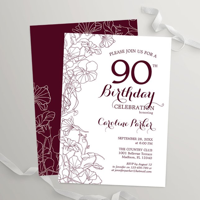 Burgundy Floral 90th Birthday Party Invitation (Creator Uploaded)