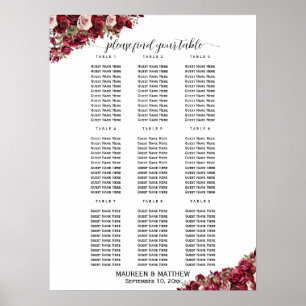 Burgundy Floral 9 Tables Wedding Seating  Poster