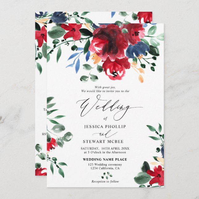 Burgundy floral all in one calligraphy wedding invitation (Front/Back)