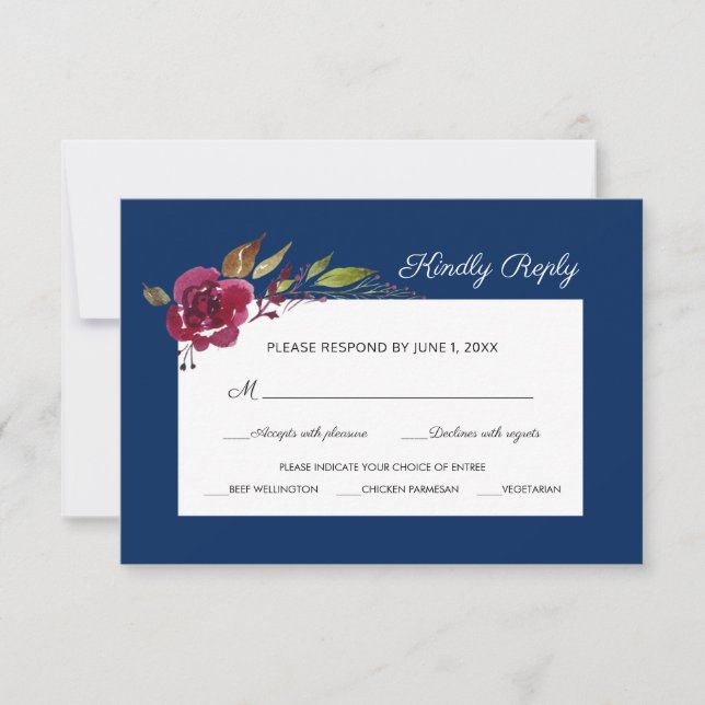 Burgundy Floral and Blue Wedding Meal Choice RSVP Card (Front)