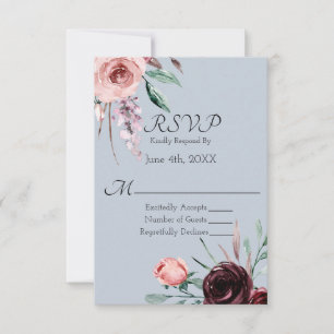 Burgundy Floral and Dusty Blue Wedding RSVP Card