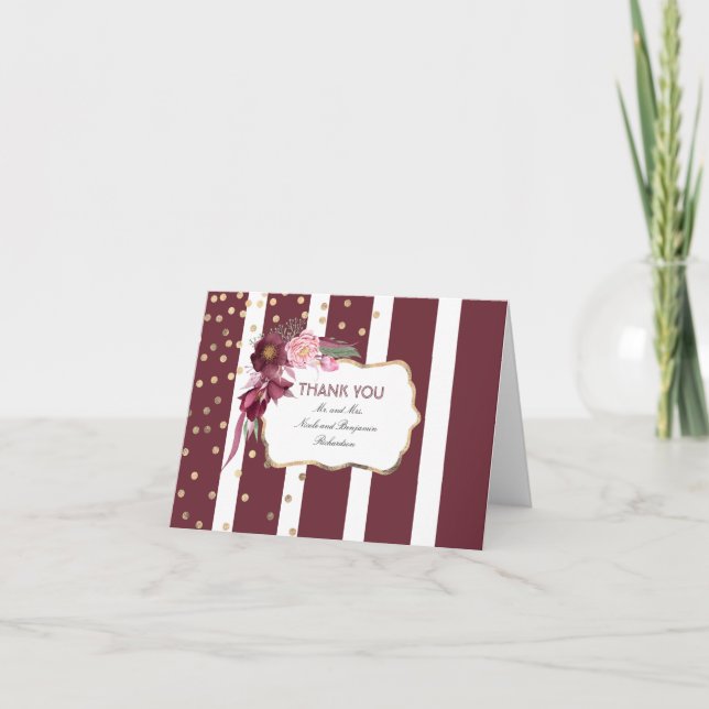 Burgundy Floral and Gold Confetti Dots Thank You Card (Front)