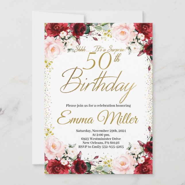 Burgundy Floral and Gold Surprise 50th Birthday Invitation (Front)