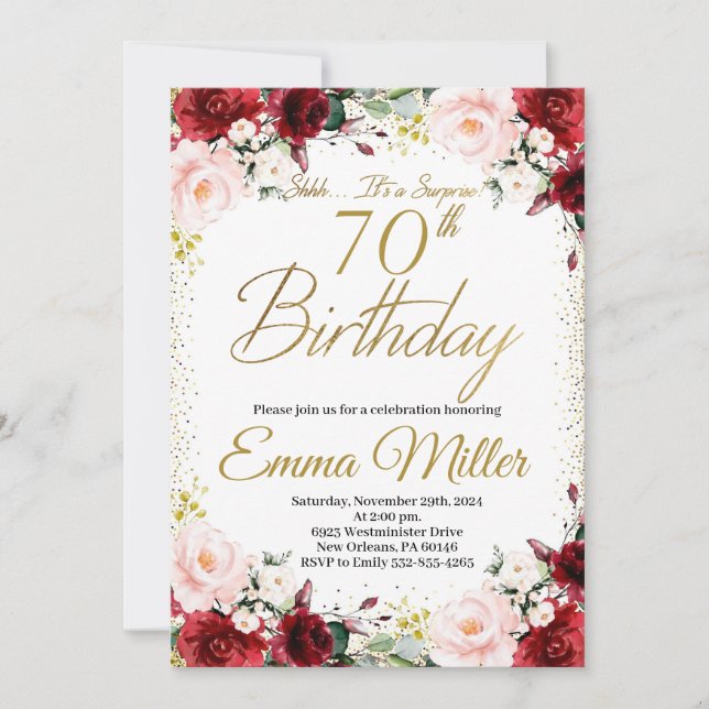 Burgundy Floral and Gold Surprise 70th Birthday Invitation (Front)