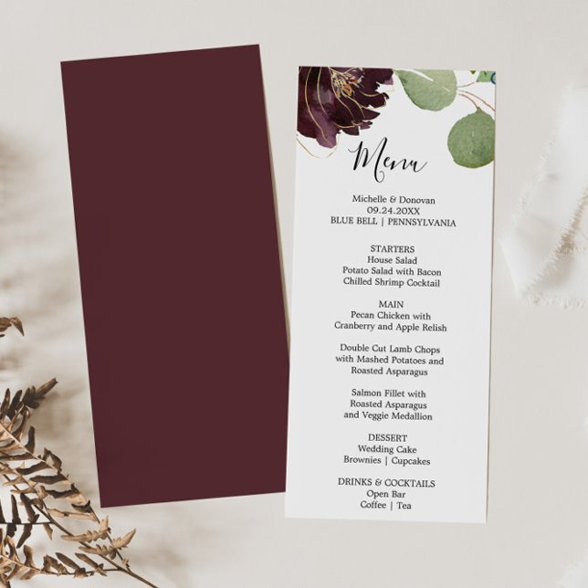 Burgundy Floral and Greenery Dinner Menu Card (Creator Uploaded)