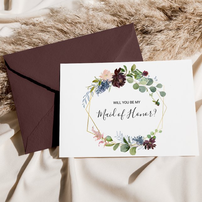 Burgundy Floral and Greenery Maid of Honour Invitation Postcard (Creator Uploaded)