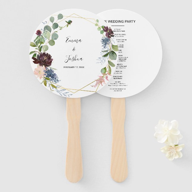 Burgundy Floral and Greenery Wedding Hand Fan (Front and Back)