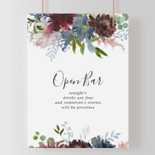 Burgundy Floral and Greenery Wedding Open Bar Sign