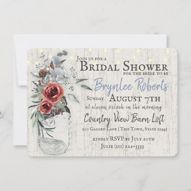 Burgundy Floral and Jar Rustic Bridal Shower Invitation (Front)