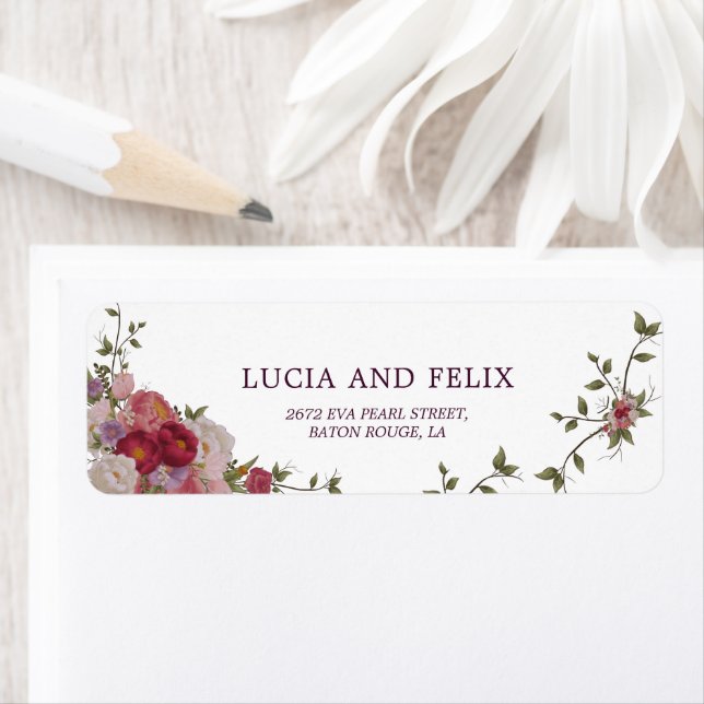 Burgundy Floral And Leaves Wedding Return Address  (Insitu)