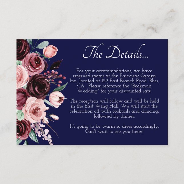 Burgundy Floral and Navy Blue Wedding Detail Enclosure Card (Front)