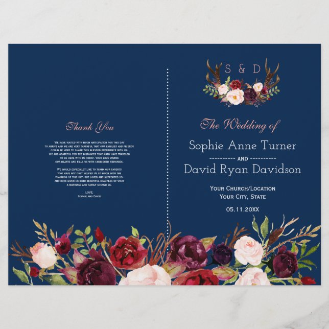 Burgundy Floral Antlers Blue Wedding Program Flyer (Front)