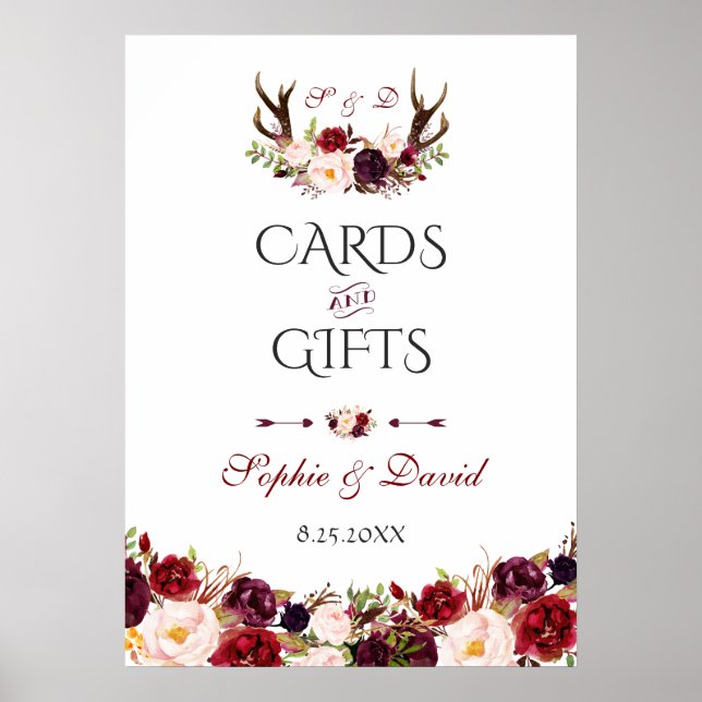 Burgundy Floral Antlers Cards & Gifts Wedding Poster (Front)
