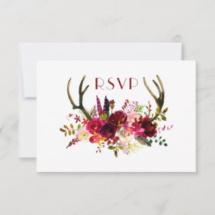Burgundy Floral Antlers entree + guests invited RSVP Card