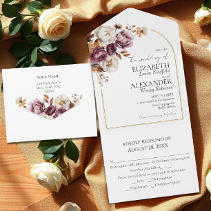 Burgundy Floral Arch Gold Autumn Fall Wedding All In One Invitation