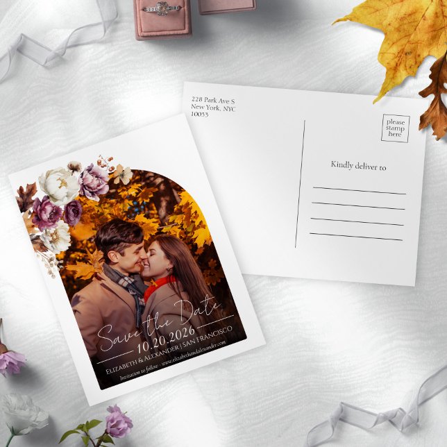 Burgundy Floral Arch Photo Wedding Save the Date Postcard (Creator Uploaded)