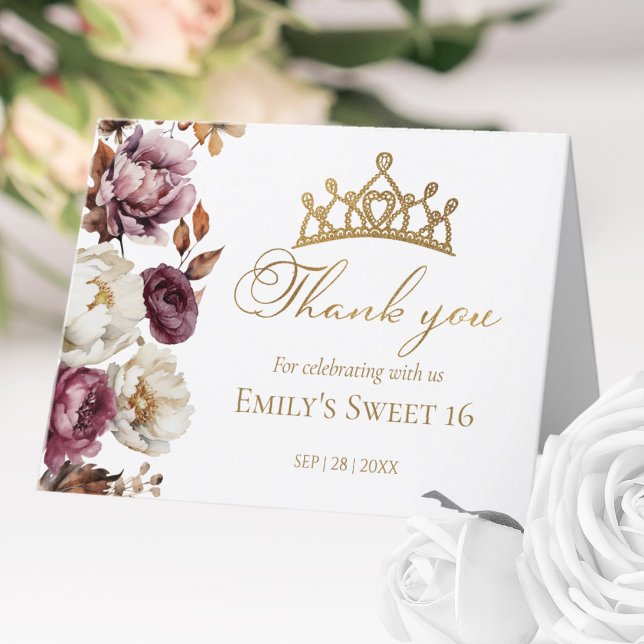 Burgundy Floral Autumn Arch Sweet 16 Thank You Card (Creator Uploaded)