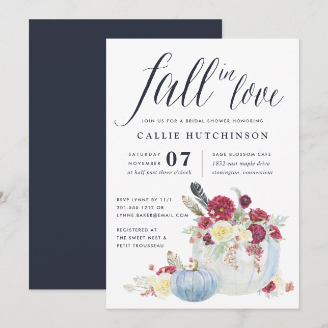 Burgundy Floral & Autumn Pumpkin Bridal Shower Invitation (Front/Back)