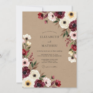 Burgundy Floral Autumn Romantic Wedding Invitation