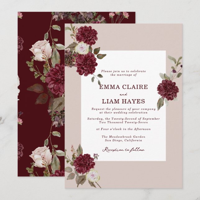 Burgundy Floral Autumn Wedding Invitation (Front/Back)