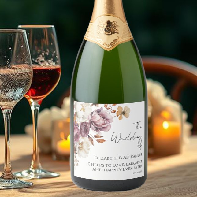 Burgundy Floral Autumn Wedding Sparkling Wine Label (Creator Uploaded)