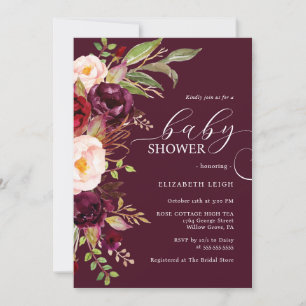 Burgundy Floral Baby Shower Invitation 