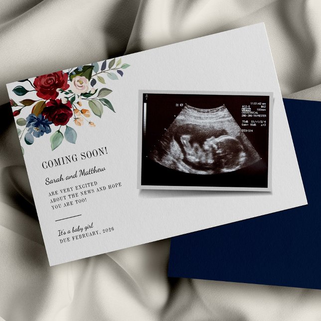Burgundy Floral Baby Sonogram Pregnancy Announcement (Pregnancy Announcement Sonogram Burgundy Floral Card)