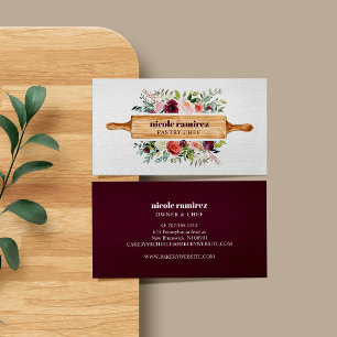 Burgundy Floral Bakery Rolling Pin Patisserie Business Card