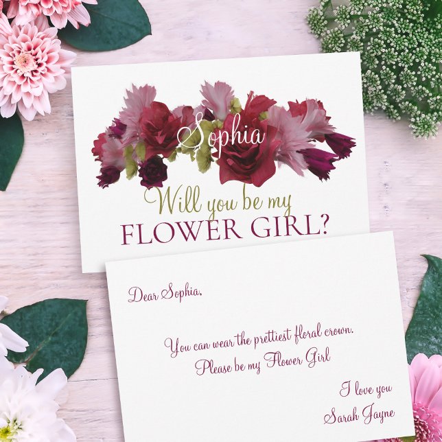 Burgundy Floral Be My Flower Girl Bridesmaid Invitation (Will you be my Flower Girl card with space for your Flower Girl proposal message)