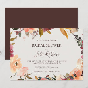 Burgundy Floral Beige Horizontal Bridal Shower Invitation