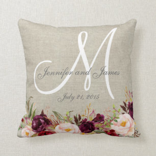 Burgundy Floral Beige Linen Monogram Wedding Cushion