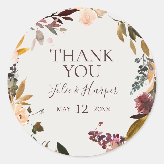 Burgundy Floral | Beige Thank You Wedding Favour Classic Round Sticker (Front)