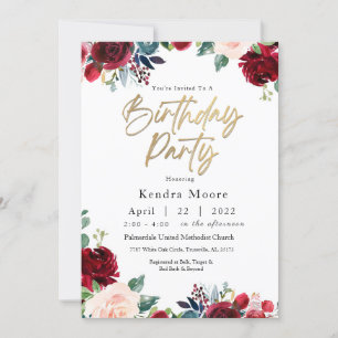 Burgundy Floral Birthday Party Invitation
