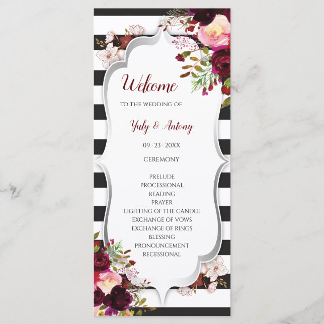 Burgundy Floral Black and White Ceremony Program (Front)
