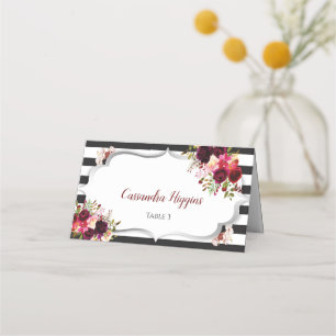 Burgundy Floral Black and White Guest Name Place Card