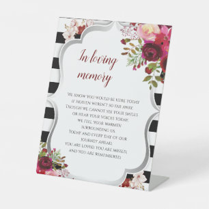 Burgundy Floral Black and White In Loving Memory Pedestal Sign
