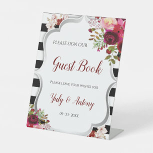 Burgundy Floral Black and White Stripes Guest Book Pedestal Sign