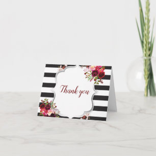 Burgundy Floral Black and White Stripes  Thank You Card