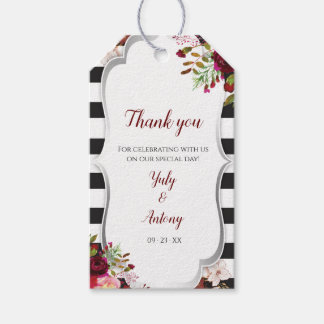 Burgundy Floral Black and White Stripes Wedding Gift Tags