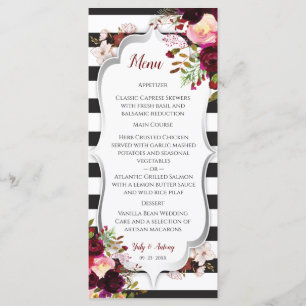 Burgundy Floral Black and White Wedding Menu