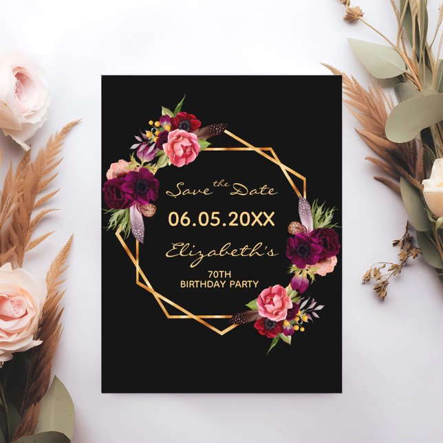 Burgundy floral black birthday Save the Date Postcard (Creator Uploaded)