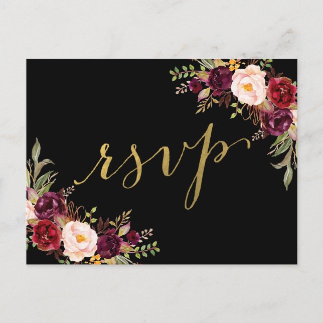 Burgundy Floral Black Faux Gold Foil Wedding RSVP Invitation Postcard (Front)