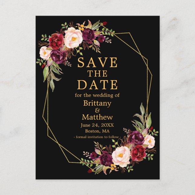 Burgundy Floral Black Gold Geo Frame Save the Date Postcard (Front)