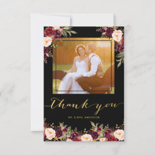 Burgundy Floral Black Gold Photo Wedding Thank You Card