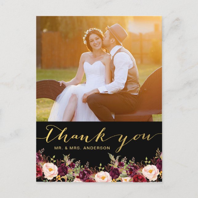 Burgundy Floral Black Gold Photo Wedding Thank You Postcard (Front)