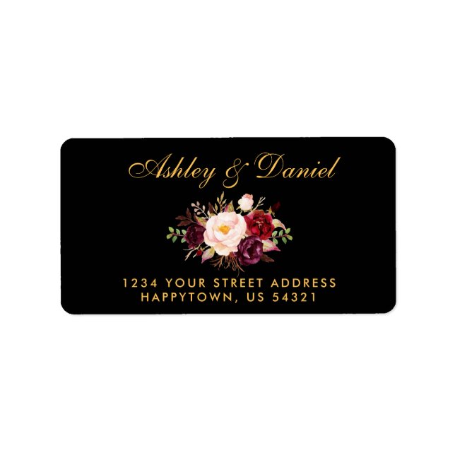 Burgundy Floral Black Gold Wedding Address Label (Front)
