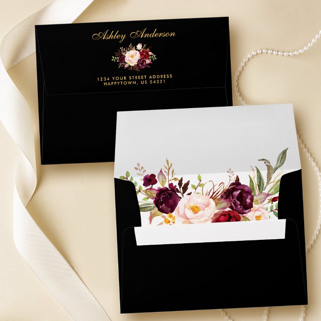 Burgundy Floral Black Gold Wedding Invitation Envelope (Customize to change text size, text style or color.)