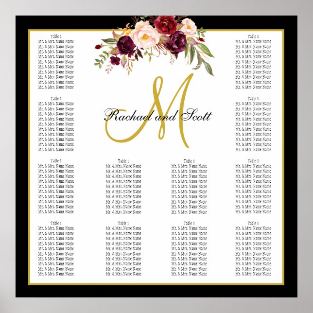 Burgundy Floral Black Gold Wedding Seating Chart (Front)