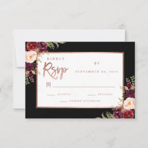 Burgundy Floral Black Rose Gold Moody Wedding RSVP Card